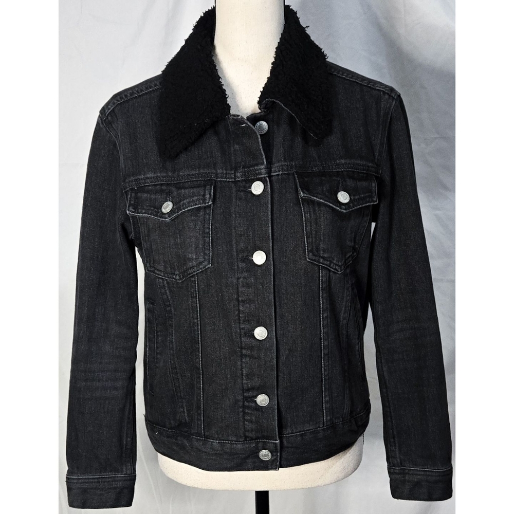 Pacsun Black Denim Jacket Faux Fur Collar Retro Trucker Dark Gray Pockets Jean